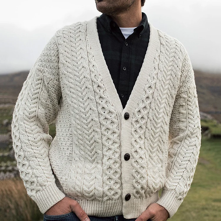 Men's Merino Wool Aran V-Neck Sweater Cardigan