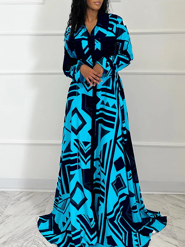 A-Line Buttoned Printed Tied Waist Long Sleeves Maxi Dresses