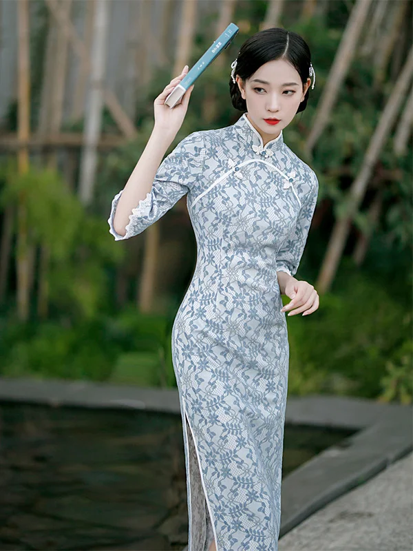 Vintage Print Pendulum Side Split Temperament Elegant Cheongsam Maxi Dress