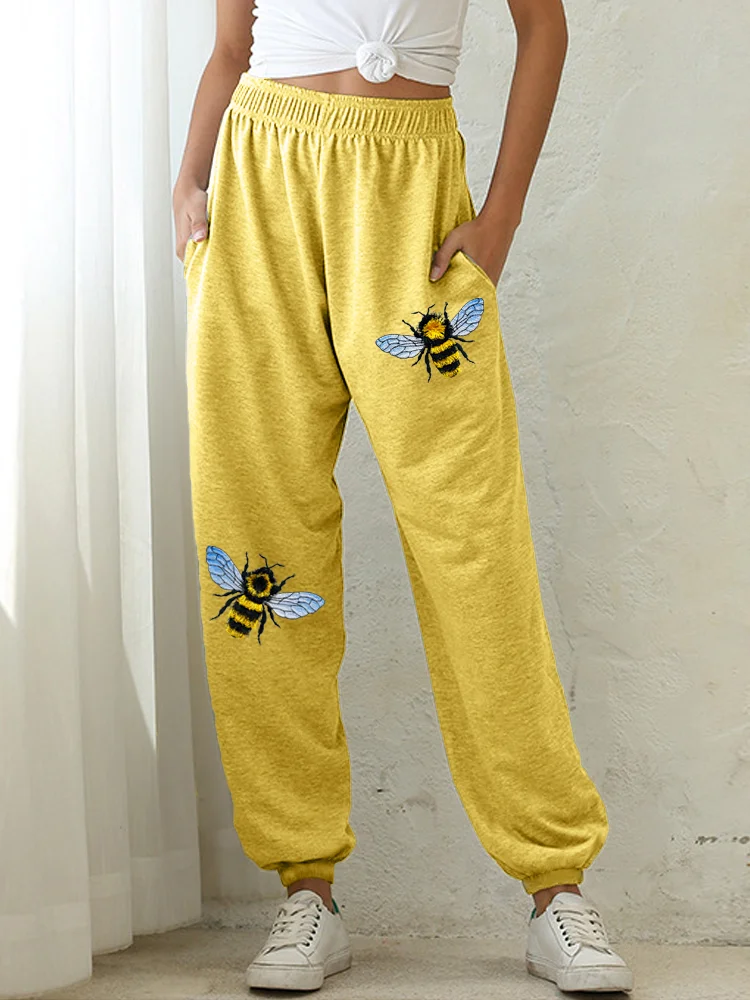 VChics Fringed Bee Cute Honeybee Insect Embroidery Casual Sweatpants