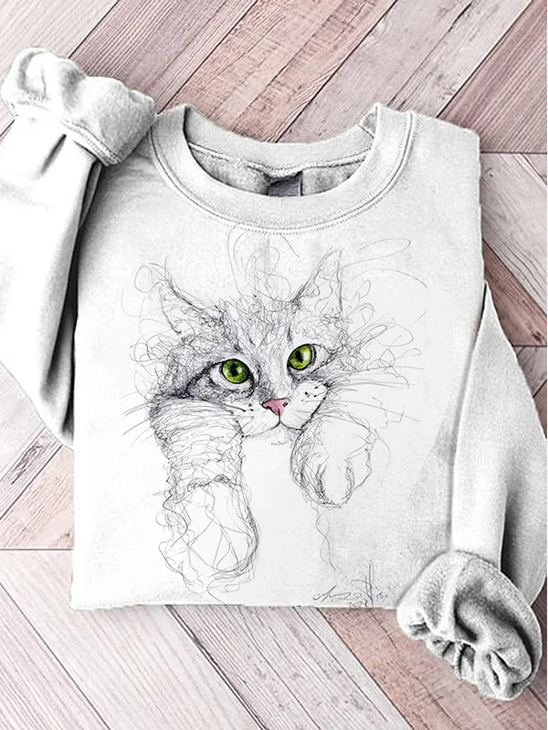Women's Messy Line Cute Cat Portrait Print Casual Sweatshirt