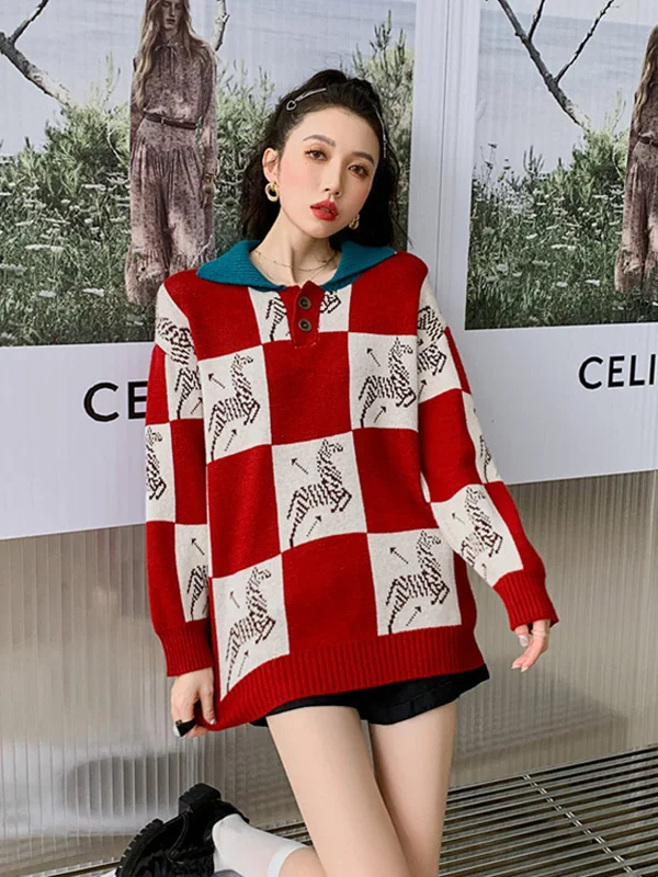 Plaid Color-Blocking Retro Long Sleeve Knitted Sweater