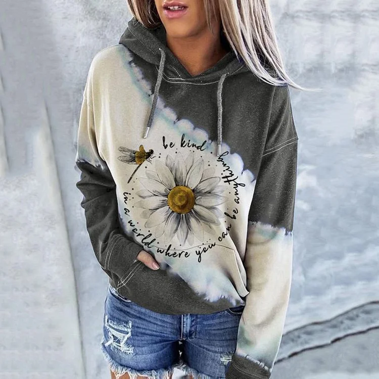 Vefave Casual Daisy Dragonfly Letter Print Long Sleeve Hoodie