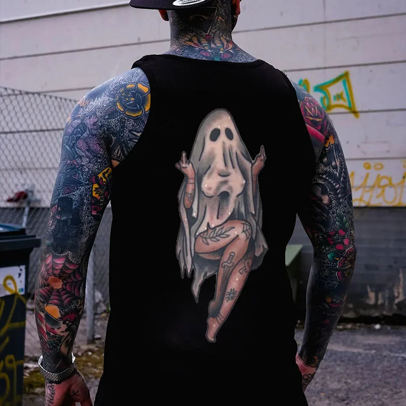 Naughty Sexy Lady Ghost with Tattoo Black Print Tank Top