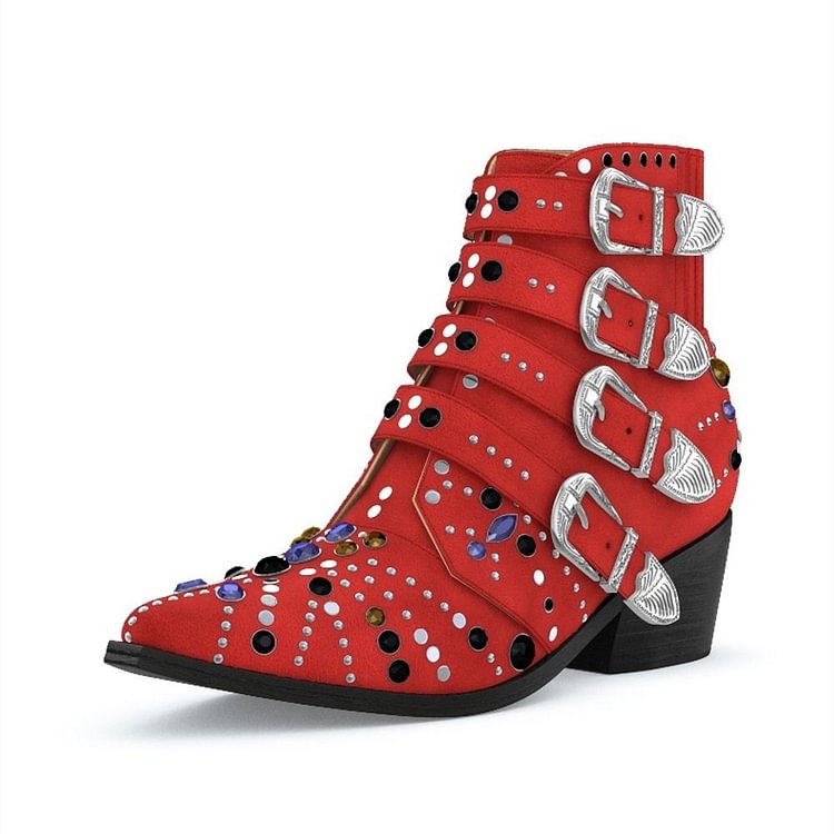 Red Motorcycle Boots Pointy Toe Chunky Heel Rhinestone Short Boots |FSJ Shoes