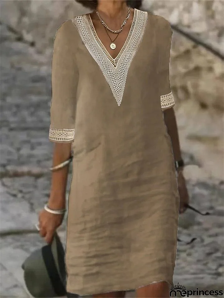 Lace V Neck Half Sleeve Women's Cotton Midi Dress