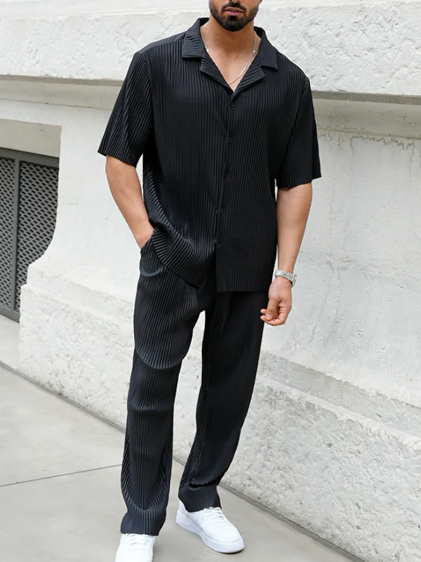 Men's Casual Plain Pleated Short Sleeve Shirt Pants Matching Set
