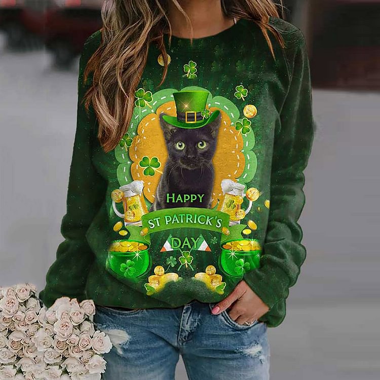 Comstylish Happy St Patrick's Day Black Cat Print Sweatshirt