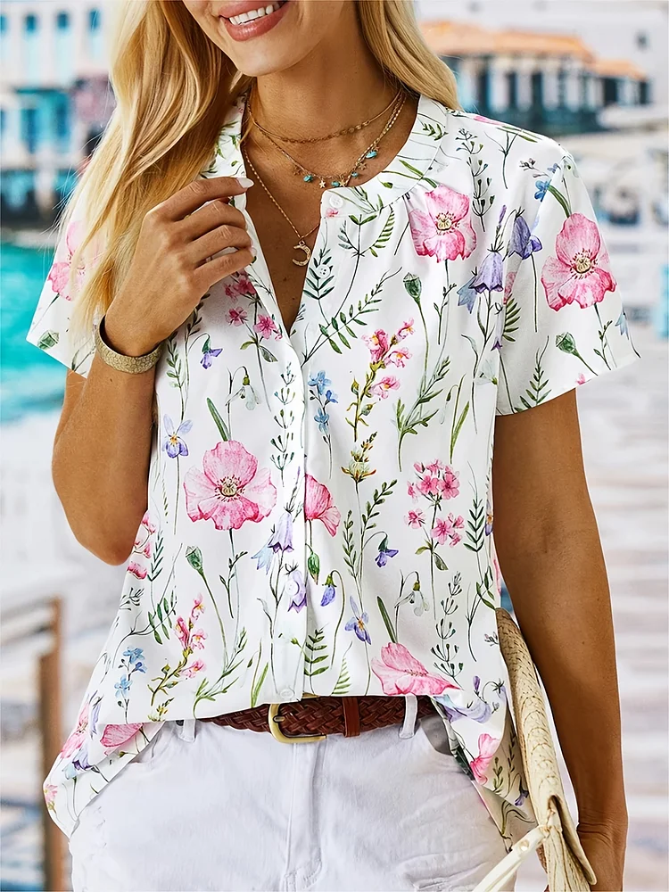 Floral Print Button Front Shirt, Casual V Neck Short Sleeve Polyester Shirt, Women's Clothing