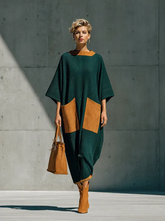Women's Batwing Sleeve Colorblock Pocket Maxi Dress MD
