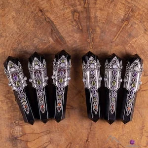 pornhint Pornhint Black OBSIDIAN Crystal Wand with Rainbow CHAKRA Gemstones - Double Terminated, Crystal Healing, Polished Magic Wand, E2088