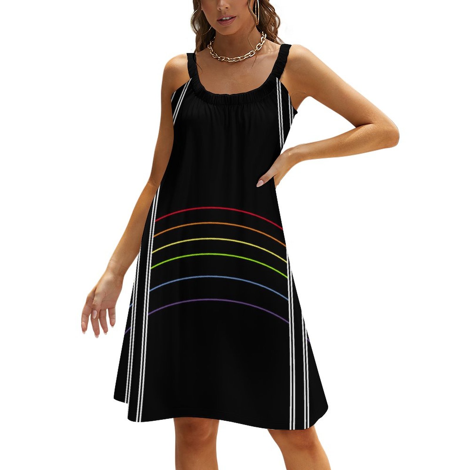 Modern Pride Rainbow Striped Athletic Style Summer Hawaiian Beach Retro Dresses Casual Sling Sleeveless Printed Knee Length Dress Rainbow-L
