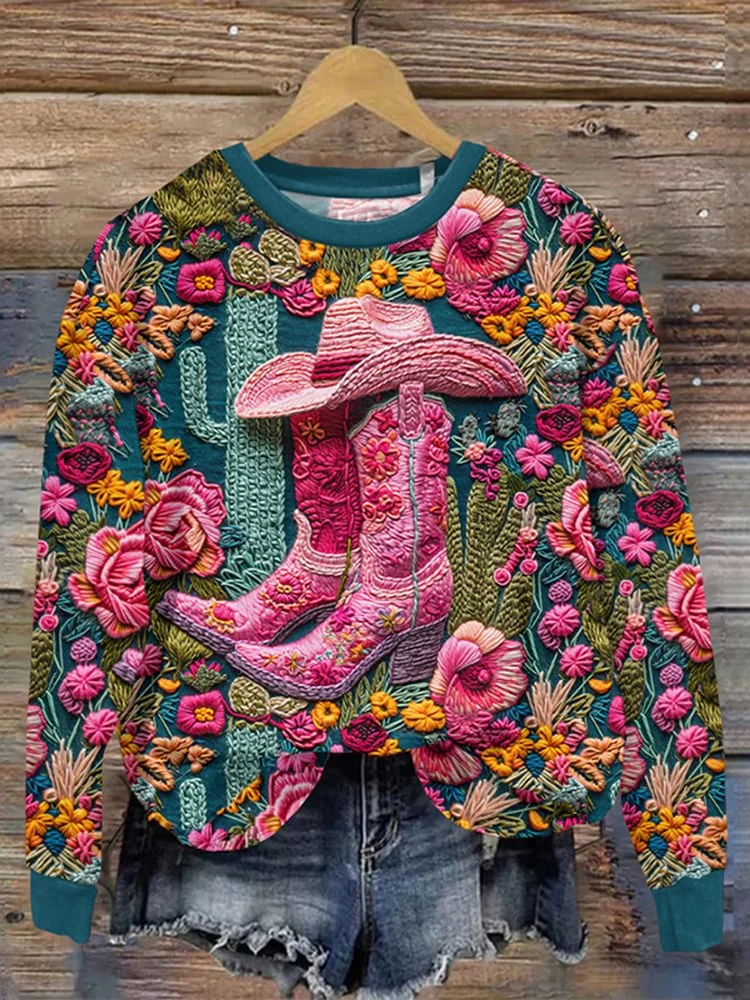 Vintage Western Boots and Floral Art Printed Casual Sweatshirt