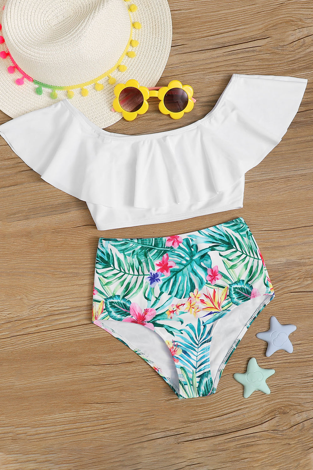 Girls Tropical Flounce High Waisted Bikini Swimsuit 2 Pieces Set