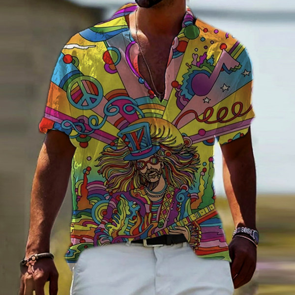 Men's Cotton Linen Print Short Sleeve Shirt