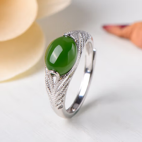 High Standard Huge Saving Elegant Hetian Green Jade Ring for Women with 925 Silver Adjustable Band and Plated White Gold – Perfect Birthday Gift
