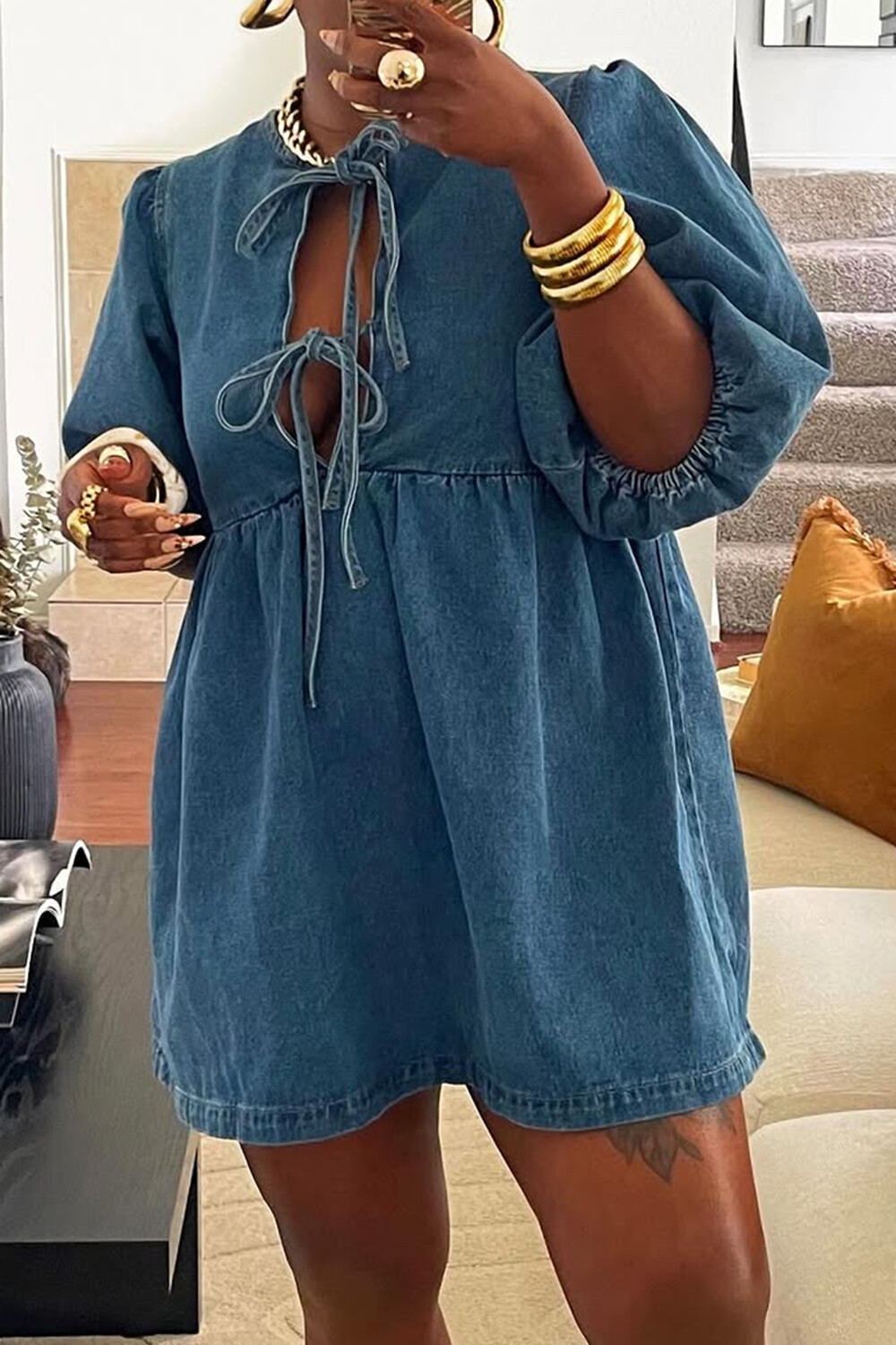 Plus Size Daily Blue Round Neck Puff Sleeve Half Sleeve Bow