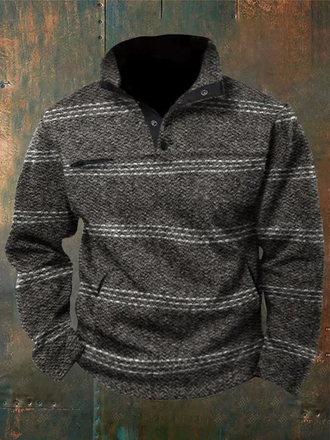 Men's Western Retro Pattern Design Open Pocket Stitching Stand Collar Button Sweatshirt