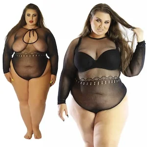 pornhint Pornhint US Size 2-22/S-4XL,Sheer See Through Plus Size Fishnet Sleeves Bodysuit Faux Lace BBW Curve Catsuit Lingerie Baselayer
