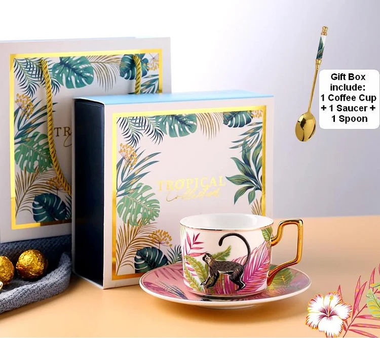 Jungle Animals Porcelain Coffee Cups, Coffee Cups with Gold Trim and Gift Box, Tea Cups and Saucers - Appledas