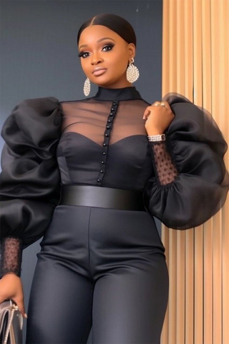 Plus Size Daily Blouses Elegant Black Short Fall Winter Stand-Up Collar Puff Sleeve Long Sleeve See Through Organza Blouses [Pre-Order]