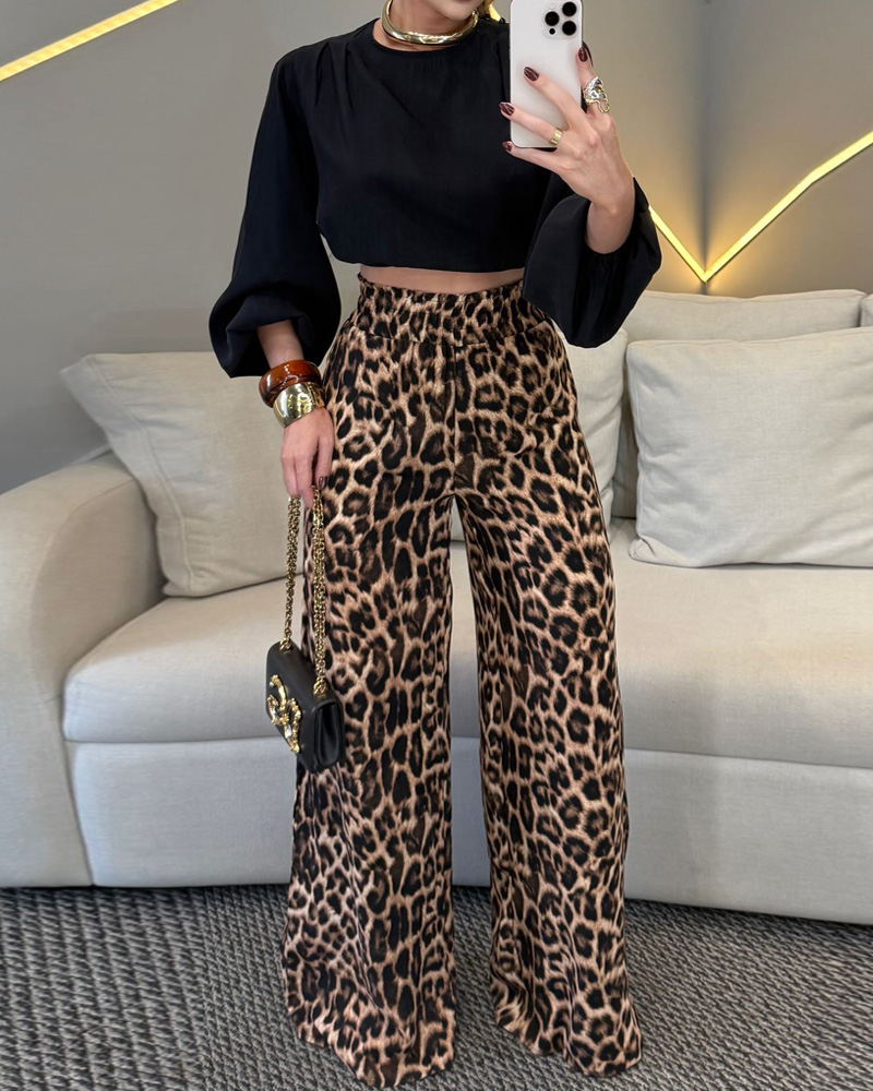 Casual Print Leopard Contrast V Neck Long Sleeve Two Pieces