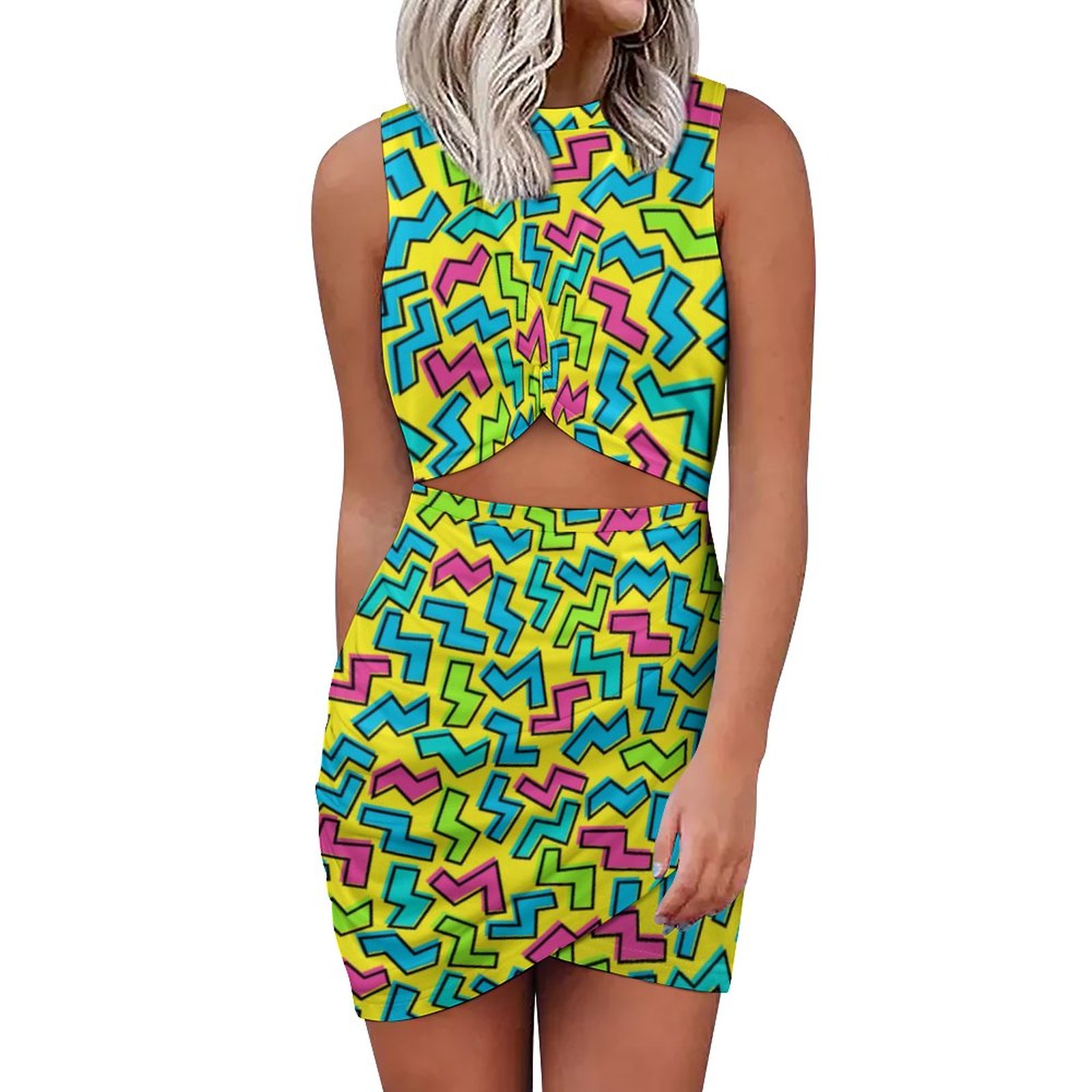 Plus Size 80s 90s Neon Hollow Out Twist Bodycon Dress Women Sleeveless Ruched Wrap Slim Party Club Evening Mini Dresses Neon-L