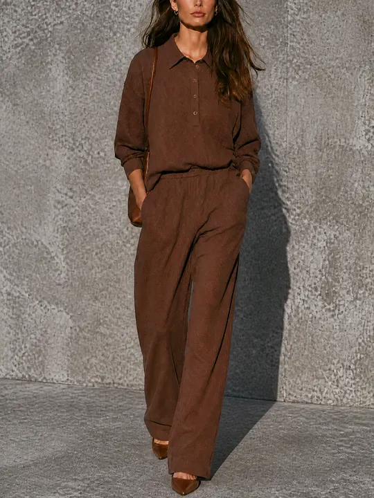 Women's Casual Brown Waffle Knit Cotton Blend Button-Front Wide-Leg Pants Set MD