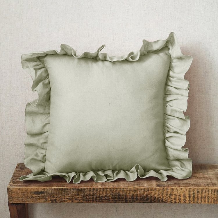 Green 100% Flax Linen Pillowcases With Ruffle-ChouChouHome