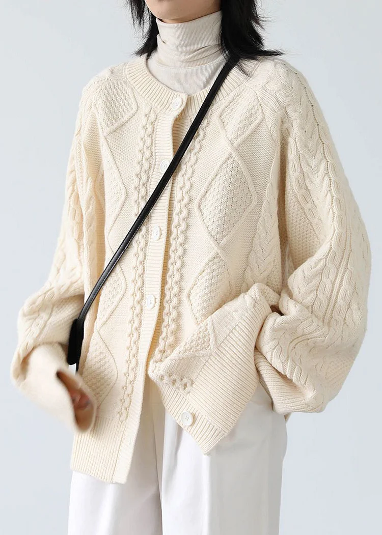 French Beige O Neck Button Cable Knit Coats Spring