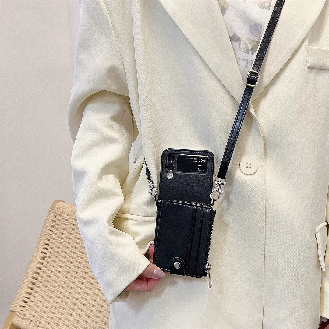 Anti-Drop Retro Leather Detachable Card Holder With Zipper Wallet And Lanyard Phone Case For Galaxy Z Flip3/Z Flip4/Z Flip5