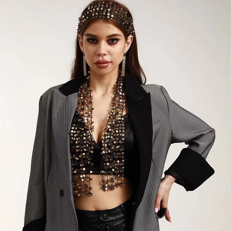 Hollow Out Sequins Utility Scarves-Black Gold