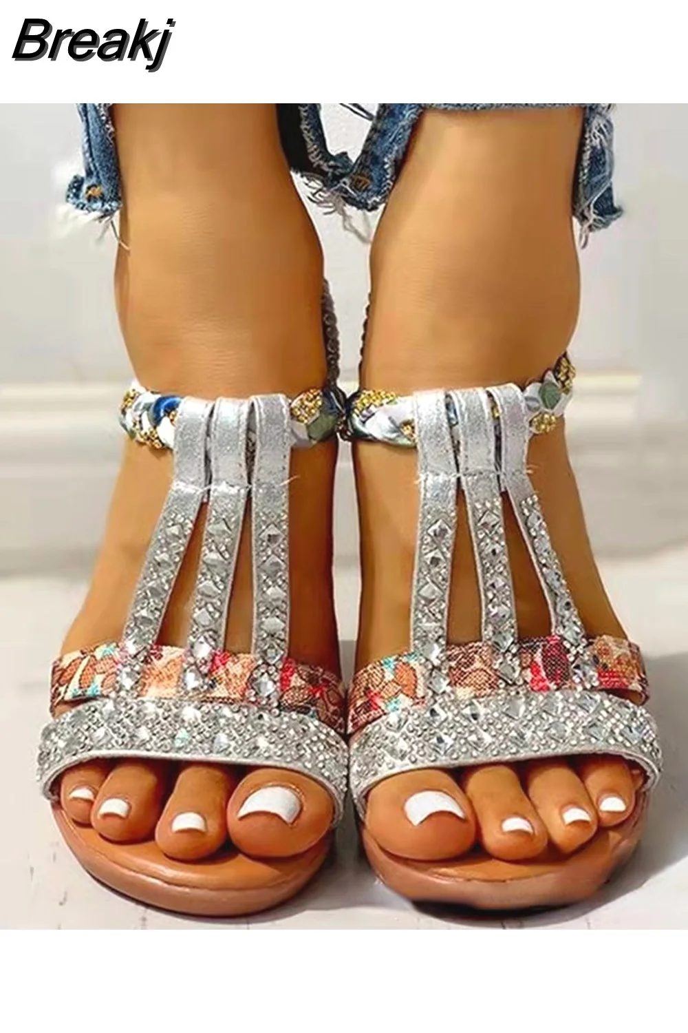 Breakj Women Wedge Sandals Summer 2023 New Bohemia Casual High Heels  Fashion Female Peep Toe Rhinestones Outdoor Beach Shoes