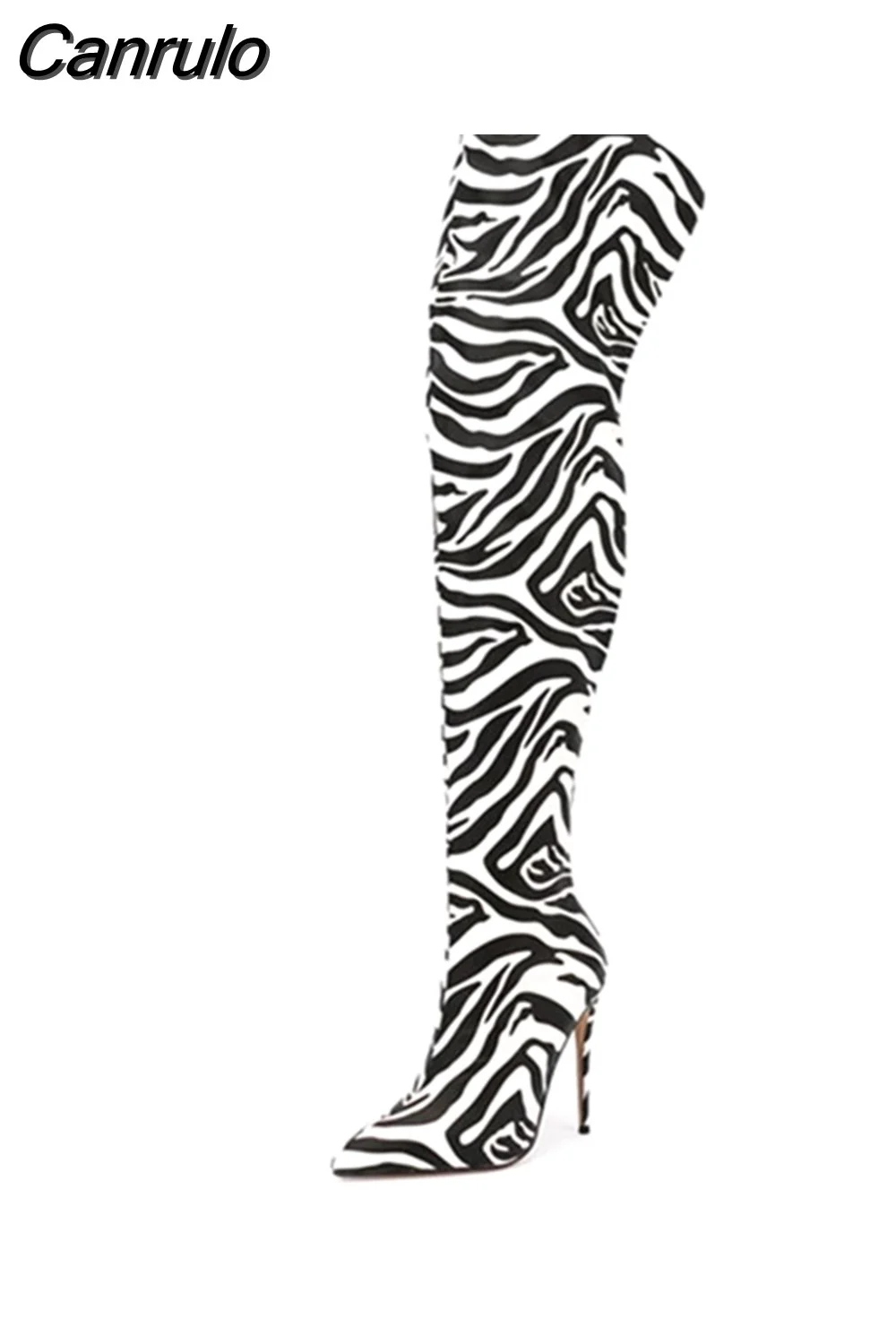 Canrulo 2023 New Women Over The Knee High Heels Boots Sexy Ladies Zebra Style Pointed Toe Stiletto Heels Long Botas Femininas