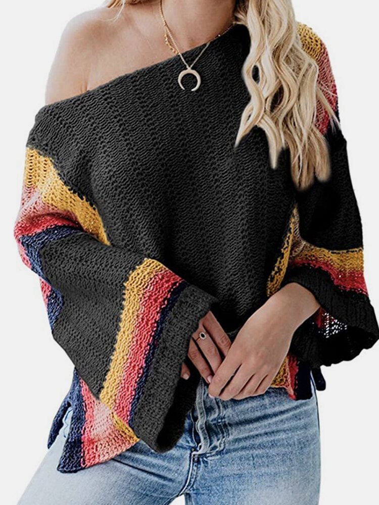 Contrast Color Patchwork Long Sleeve O-neck Sweater For Women