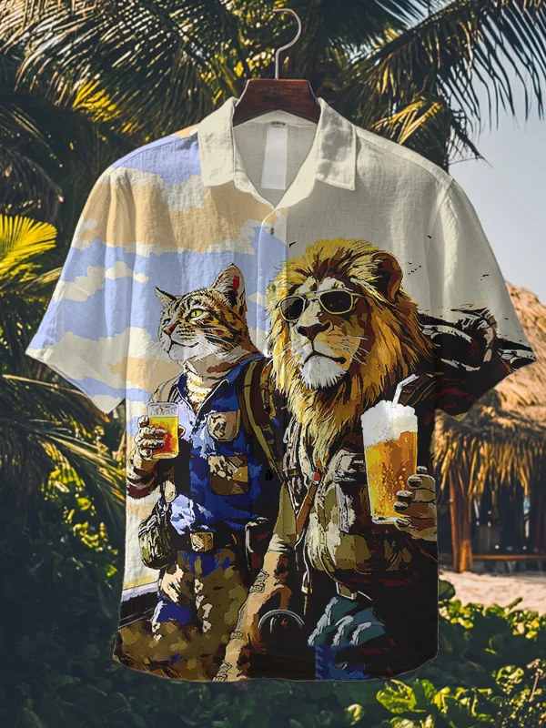 Men's Cool Lion And Cat Drinking Beer Art Print Short Sleeve Shirt