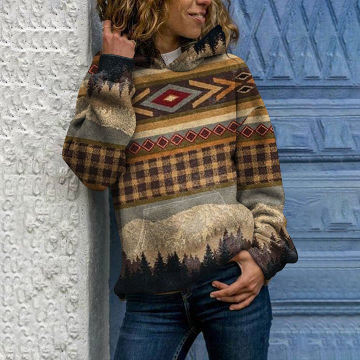 Vefave Vintage Western Tree Print Long Sleeve Hoodie