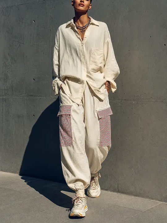 Women's Cream Linen Oversized Pocket Shirt Red White Stripe Patch Cargo Jogger Pants Two Piece Outfit Set MD