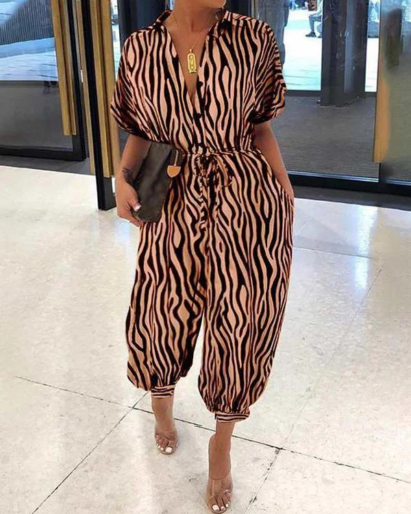 fold over collar single breasted short sleeved zebra pattern jumpsuit p595581