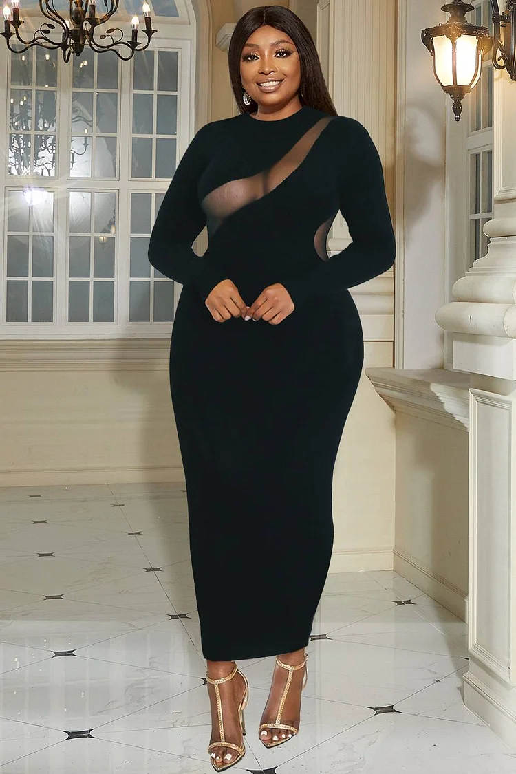 Plus Size Evening Maxi Dresses Black Fall Winter Crew Neck Long Sleeve See Through Knitted Maxi Dresses [Pre-Order]