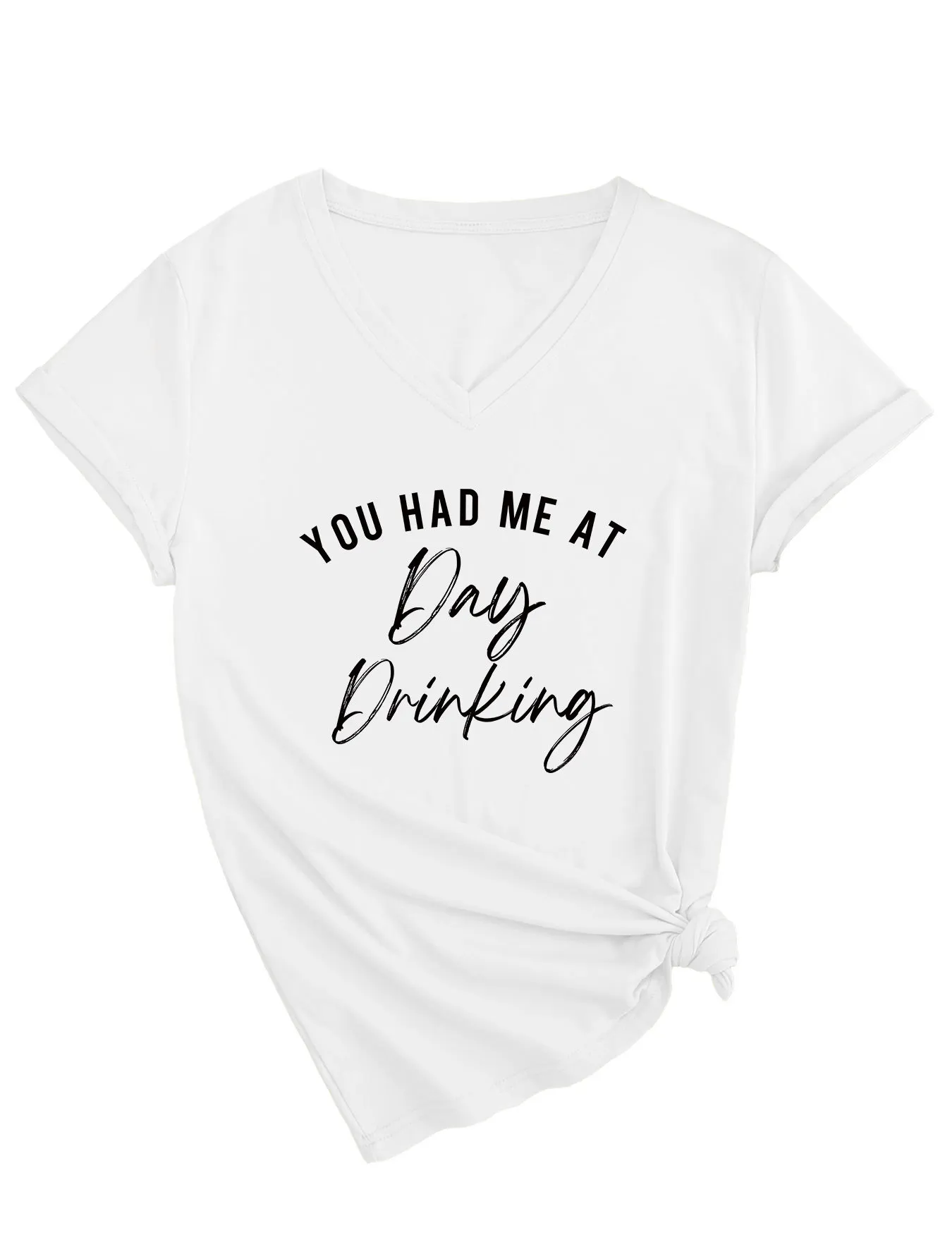 Women V Neck Short Sleeve Day Drinking Slogan Letter Print Casual T-Shirt | 168DEAL