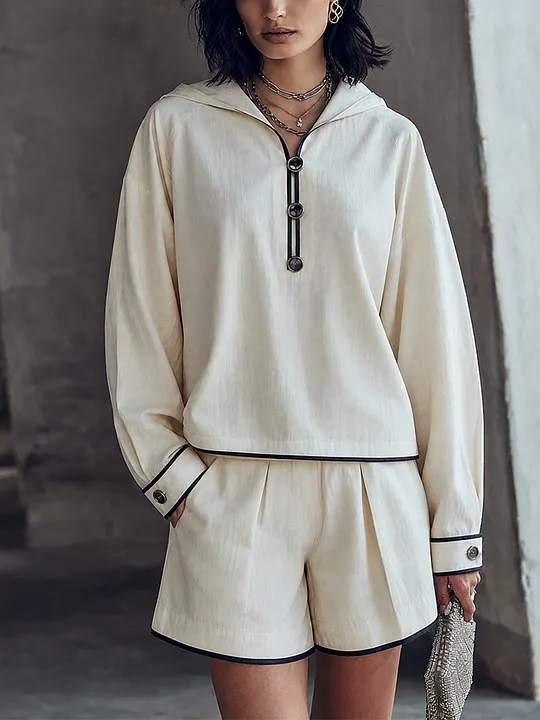 Women's Casual Cream Hooded Shorts Set MD
