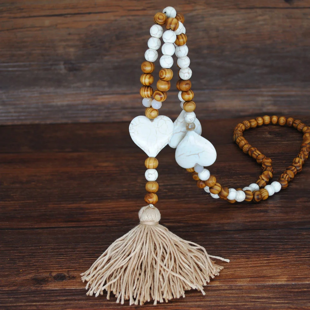 Women's Vintage Boho Wood Beads Tassel Necklace