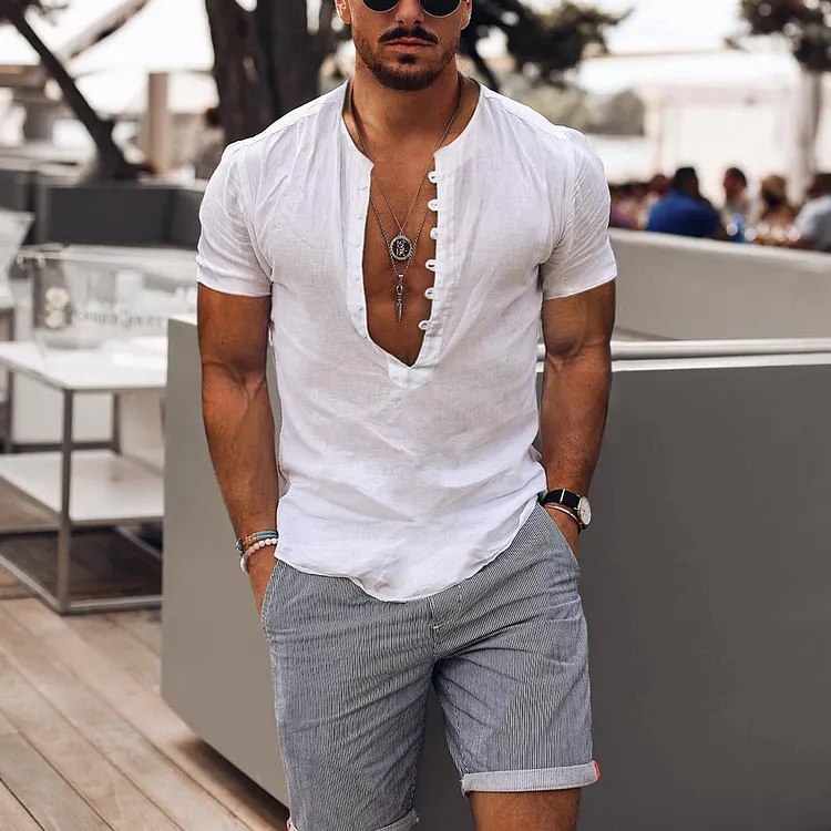 Men's Linen Simple Design V-Neck Short Sleeve Shirt