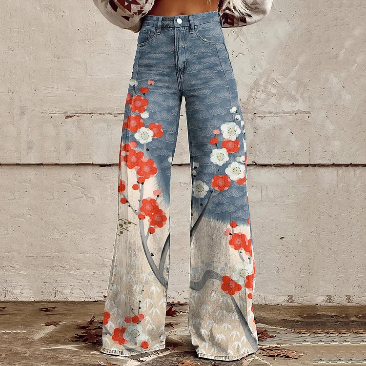 Comstylish Japanese Art Cherry Blossom Print Wide Leg Jeans