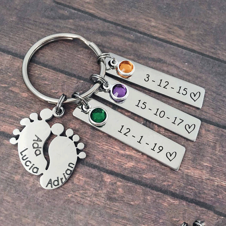 3 Names - Personalized Baby Feet Keychain Customized Birthstones & Names & Texts Keyring Gifts for Mother