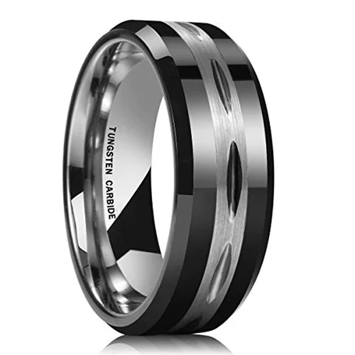 Women's Or Men's Tungsten Carbide Wedding Band Matching Rings,Duo Tone Brushed Black and Silver tones with Diamond Engraved Notches Ring With Mens And Womens For Width 4MM 6MM 8MM 10MM