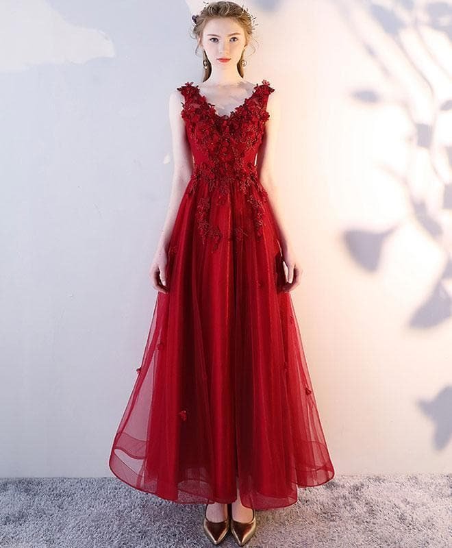 Burgundy V Neck Tulle Lace Tea Length Prom Dress, Burgundy Lace Evening Dress