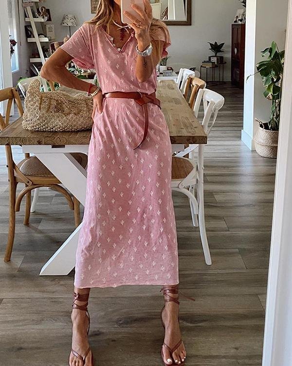 holiday graphic print buttoned v neck midi dress with belt p244147