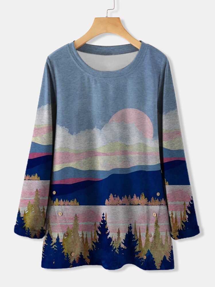 Cartoon Landscape Print O neck Casual T shirt P1748044